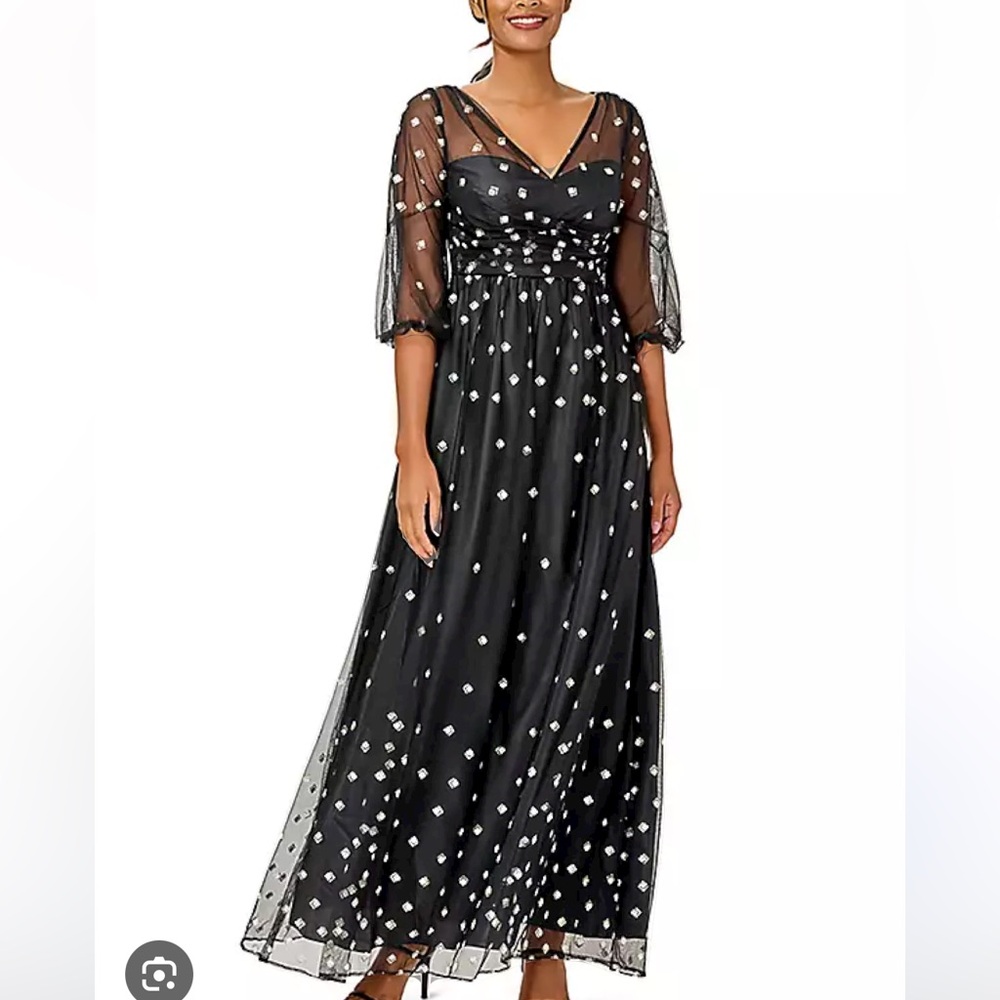 Adrianna Papell black, gold, white glitter toul, long dress